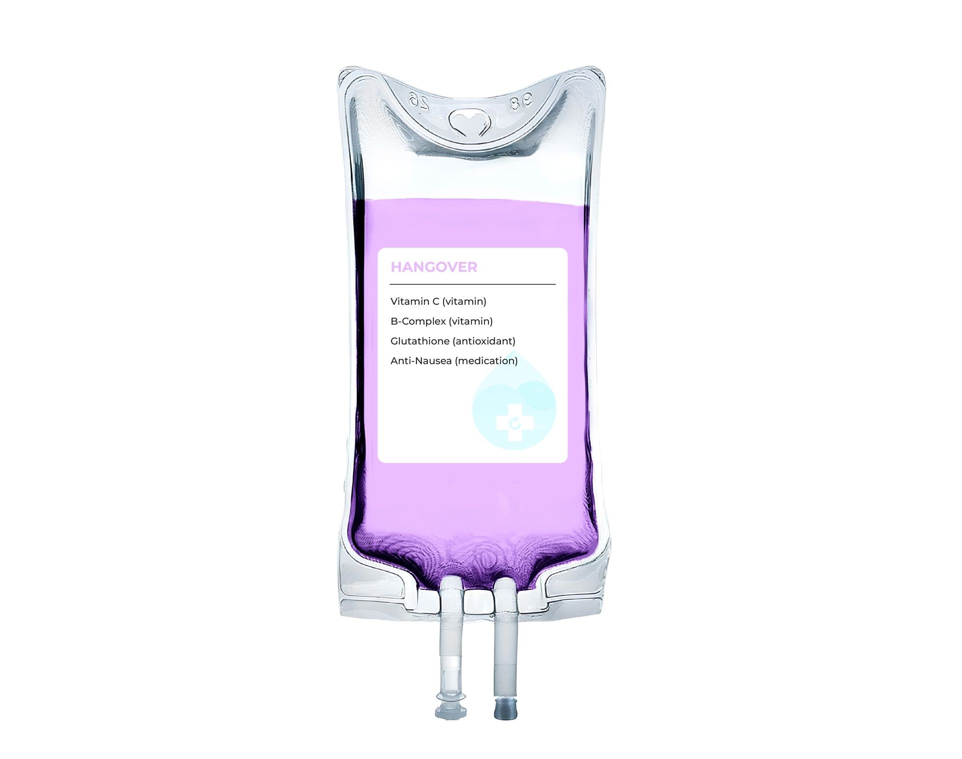 IV drip bag labeled 'Hangover' with a purple liquid containing vitamins and medication.