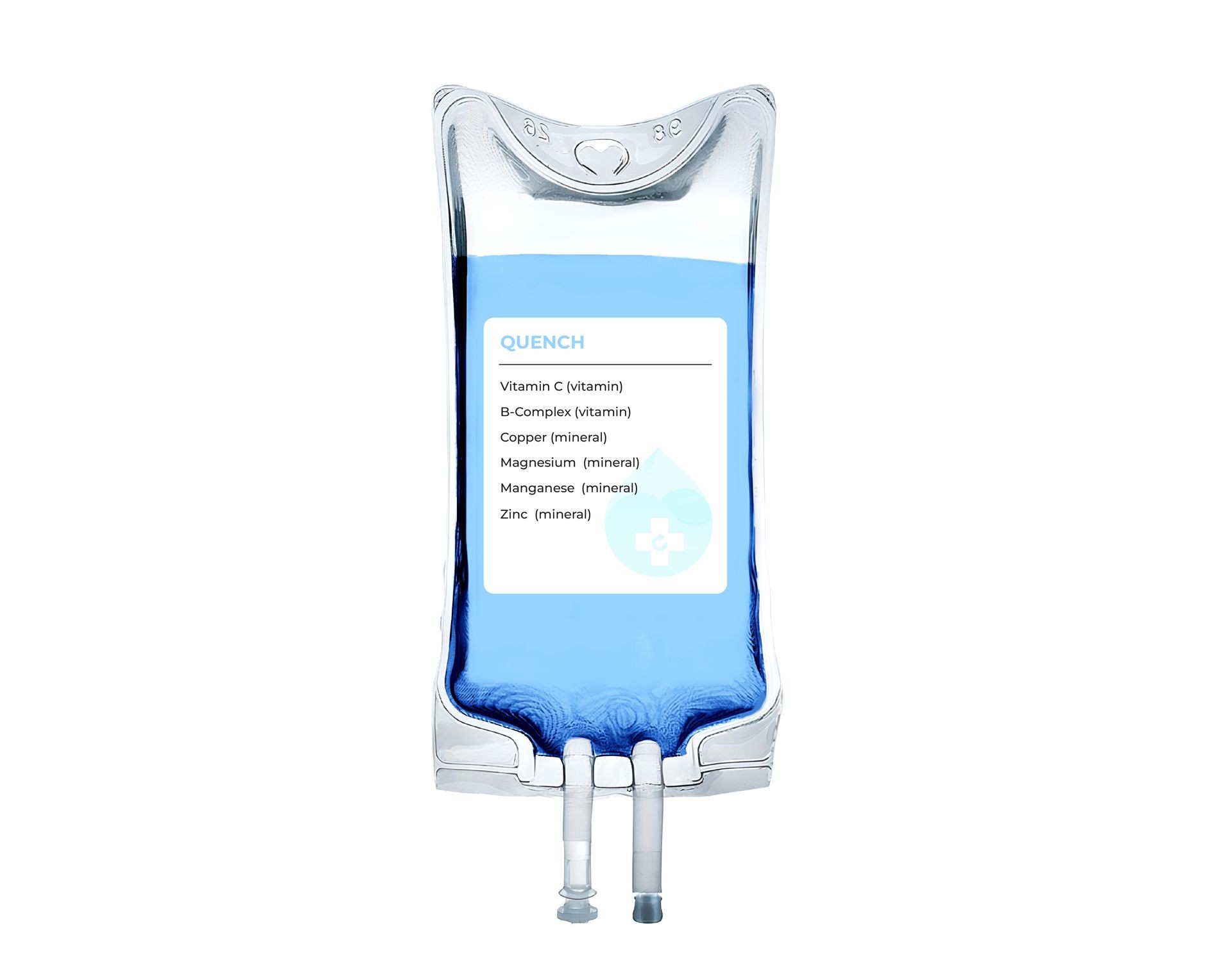 IV bag labeled 'Quench' containing vitamins and minerals, with blue liquid inside.